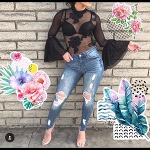 Black floral detail mesh bodysuit